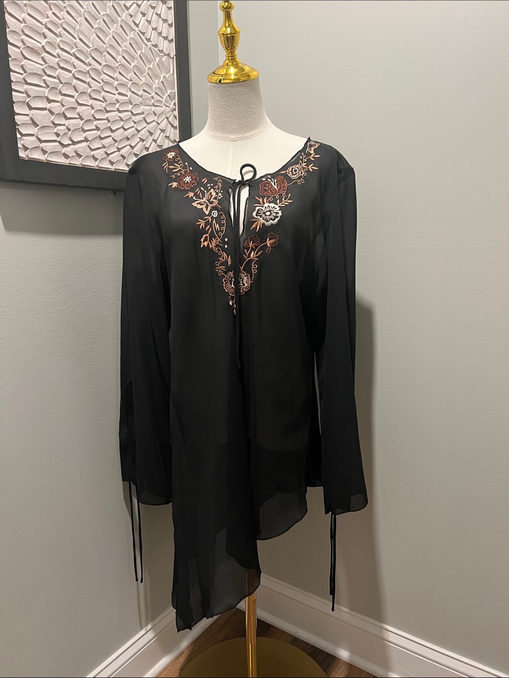 Black Sheer Embroidered Tie-Neck Peasant Tunic